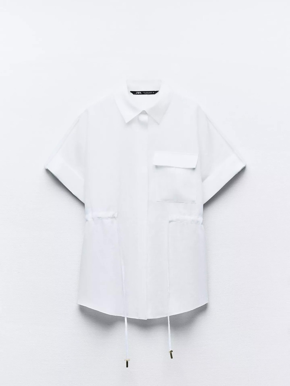 Zara Linen White Short-Sleeve Poplin Shirt with Waist Drawcords